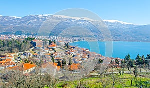 aerial view of unesco world heritage city ohrid in macedonia, fyrom taken from the top of fortress of tzar samuel