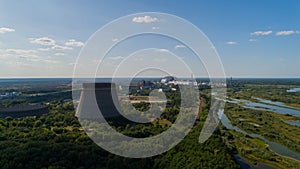 Aerial view unfinished cooling towers fifth and sixth nuclear reactors Chernobyl