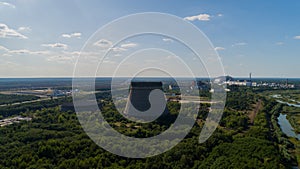 Aerial view unfinished cooling towers fifth and sixth nuclear reactors Chernobyl