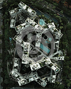 Aerial view of a unique architectural residence, the Interlace Condominium. photo