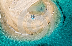 Aerial view of unique beach of Halkidiki and turquoise sea