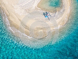 Aerial view of unique beach of Halkidiki and turquoise sea