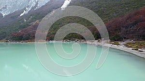 Aerial view on unique blue lake on autumn