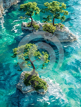 Aerial View of Unique Isolated Trees on Tiny Islands Surrounded by Crystal Clear Turquoise Water