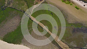 Aerial view of unique Ria Formosa at sunset in Fuseta, Portugal