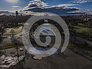 Aerial view of the Unisphere in Flushing Meadows-Corona Park, Queens, New York