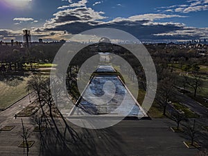 Aerial view of the Unisphere in Flushing Meadows-Corona Park, Queens, New York