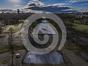 Aerial view of the Unisphere in Flushing Meadows-Corona Park, Queens, New York