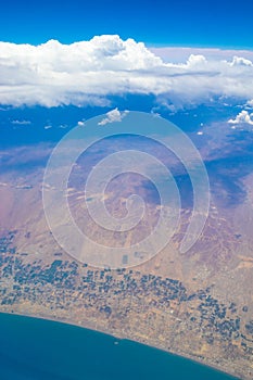 Aerial view of United Arab Emirates coastline and the Arabian Desert