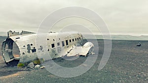 Aerial view of United States Navy DC plane wreck on the black beach at Solheimasandur