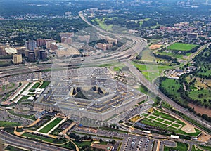 Aerial view of the United States Pentagon, the Department of Defense headquarters in Arlington, Virginia, near Washington DC, with