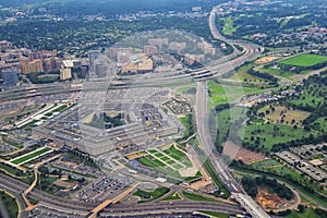 Aerial view of the United States Pentagon, the Department of Defense headquarters in Arlington, Virginia, near Washington DC, with