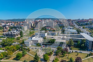 Aerial view of University of Prishtina, National library of Kosovo and unfinished serbian orthodox church of Christ the Saviour in