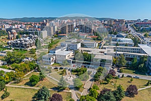 Aerial view of University of Prishtina, National library of Kosovo and unfinished serbian orthodox church of Christ the Saviour in