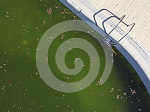 Aerial view of an unused swimming pool with green water, autumn time