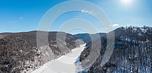 Aerial view up the frozen Cheat River in Morgantown, WV