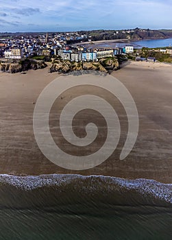 An aerial view up the South beach towards the town of Tenby, Wales