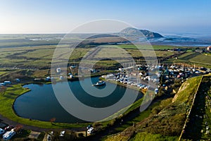 Aerial view of Uphill hill and boatyard near Weston Super Mare, UK