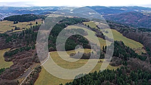 Aerial view of upland country under High Tatra mountains, Northern Slovakia, during late autumn season.