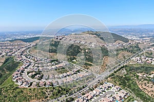 Aerial view of upper middle class neighborhood around Double Peak Park in San Marcos