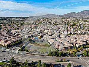 Aerial view of upper middle class neighborhood with identical residential subdivision house