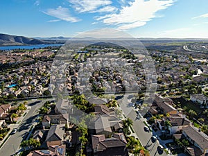 Aerial view of upper middle class neighborhood with identical residential subdivision house