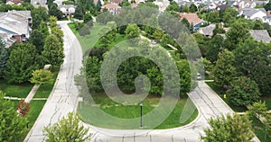 Aerial view of an upscale neighborhood with parkway