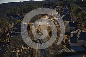 Aerial view of an upscale Sub division in suburbs of Atlanta shot during winter of 2023