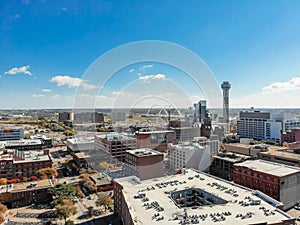 Aerial view uptown Dallas with Margaret McDermott Bridge in back