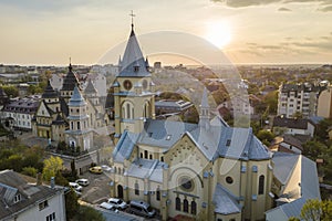 Aerial view of urban area in Ivano-Frankivsk city, Ukraine. Big building of old historic church in rural suburbs
