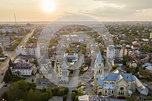 Aerial view of urban area in Ivano-Frankivsk city, Ukraine. Big building of old historic church in rural suburbs