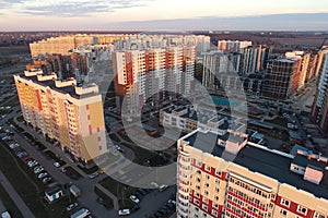 Aerial view of urban real estate in New Vatutinki district, Troitsk region, Russia. Beautiful landscape view from birds sight