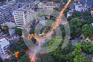 Aerial view of urban skyline at twilight. Hanoi cityscape at Ly Thuong Kiet street, Hoan Kiem district