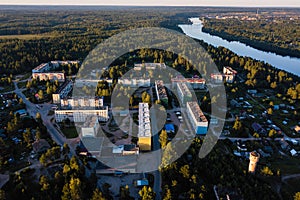 Aerial view of the urban village in the forests of Karelia.