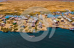 Aerial view of the Uros Straw Floating Islands on Lake Titicaca near Puno, Peru
