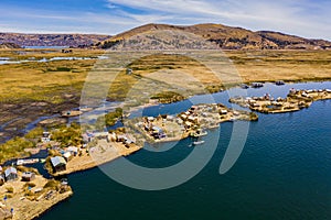 Aerial view of the Uros Straw Floating Islands on Lake Titicaca near Puno, Peru