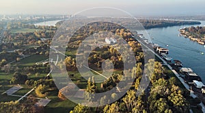 Aerial view of the Usce city park near the river. Great aerial view of the park and reservoir.