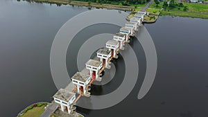 Aerial view of Utho Wipat prasit floodgates at daytime in pak phanang, Nakhon Si Thammarat, Thailand