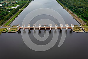 Aerial view of Utho Wipat prasit floodgates at daytime in pak phanang, Nakhon Si Thammarat, Thailand