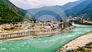 An aerial view of Uttarkashi town along the Bhagirathi river Ganga river