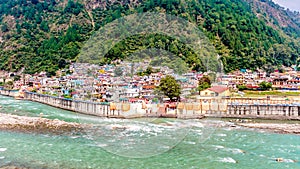 An aerial view of Uttarkashi town along the Bhagirathi river Ganga river
