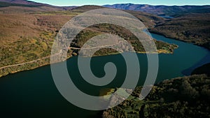 Aerial view of Uzquiza Lake in Burgos Province, Castile and Leon, Spain.