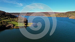 Aerial view of Uzquiza Lake in Burgos Province, Castile and Leon, Spain.