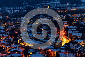 Aerial view of Vaduz, Liechtenstein at night, illuminated streets