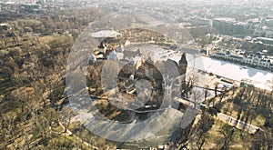 Aerial view of the Vajdahunyad castle museum complex in Budapest