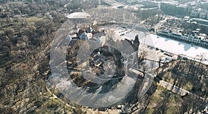 Aerial view of the Vajdahunyad castle museum complex in Budapest