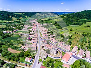 Aerial view of Valea Viilor fortified Saxon Church in Transylvania