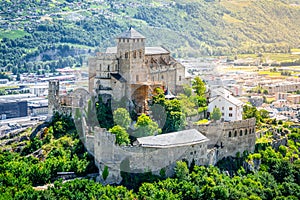 Aerial view of Valere Basilica with dramatic sunset light in Sion Switzerland