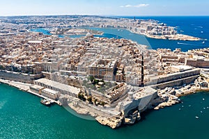 Aerial view of Valetta, capital city of Malta, Grand harbour, Gzira and Sliema towns, Manoel Island in Marsamxett bay from above.