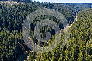 Aerial view of the valley incision of the river Oker before entering the basin of the Oker reservoir in the Harz mountains